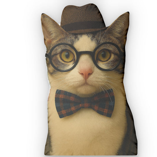 Hipster Cat Custom Shaped Pillow — Personalized Cat Portrait Pillow with Glasses & Bow Tie