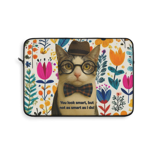 Cute Cat Laptop Sleeve — Floral Vintage Cat with Glasses & Bow Tie, "You Look Smart, But Not As Smart As I Do"
