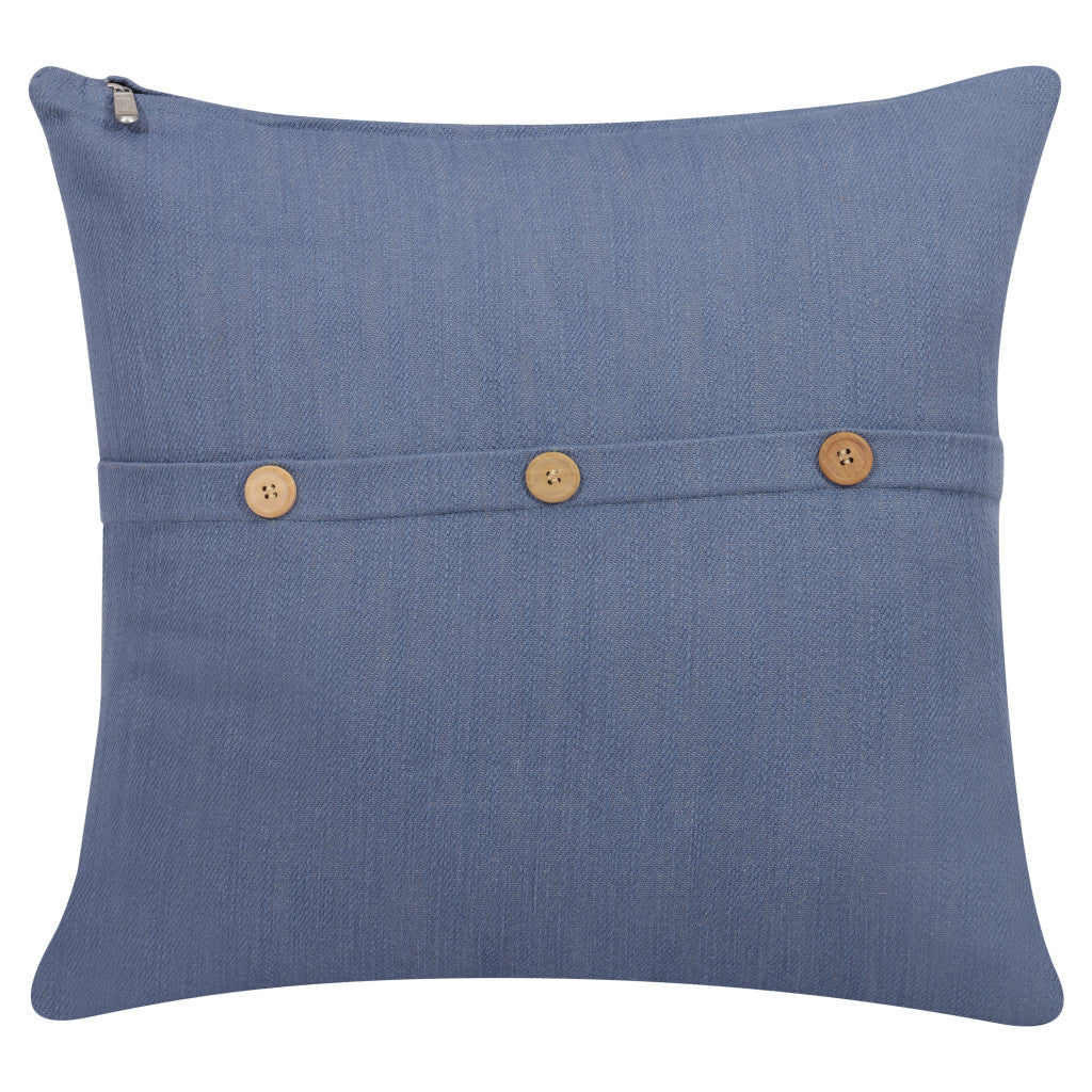 20" Blue Cotton Throw Pillow With Buttons