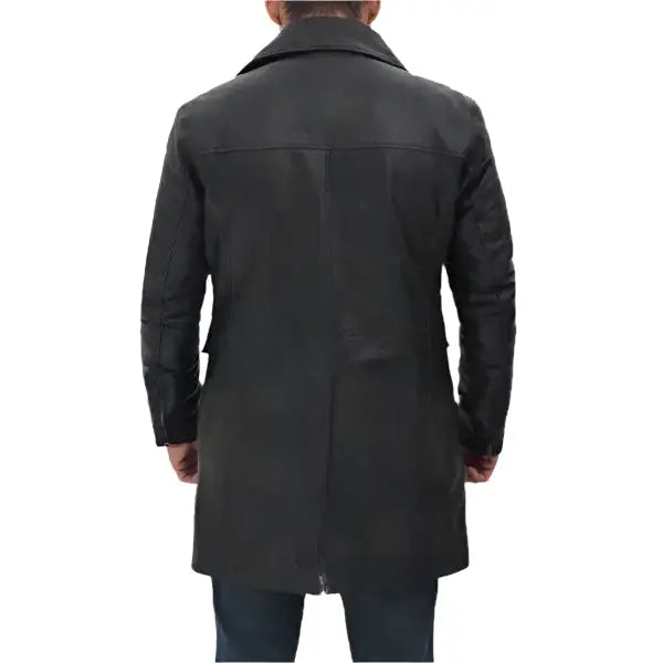 Mens Black Leather Four Pocket Trench Coat