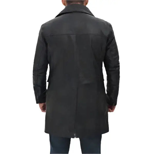 Mens Black Leather Four Pocket Trench Coat