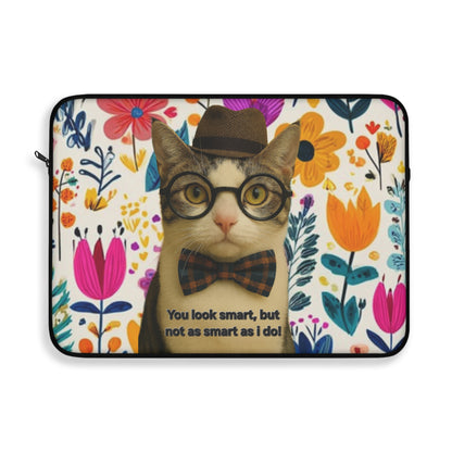Laptop Sleeve — Floral Hipster Cat with Glasses & Bow Tie (“You look smart, but not as smart as I do”)
