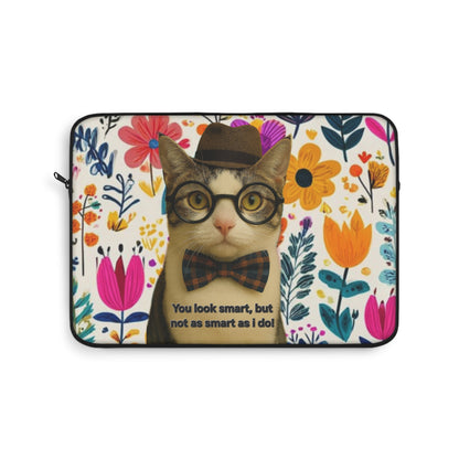 Cute Cat Laptop Sleeve — Floral Nerd Cat with Bow Tie ("You look smart, but not as smart as I do")