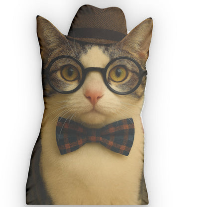 Hipster Cat Custom Shaped Pillow — Personalized Cat Portrait Pillow with Glasses & Bow Tie