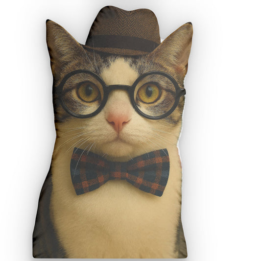 Hipster Cat Custom Shaped Pillow — Personalized Cat Portrait Pillow with Glasses & Bow Tie