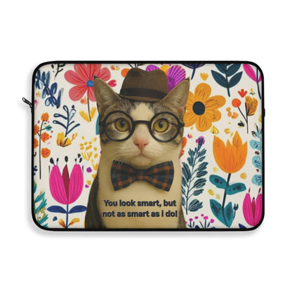 Cute Cat Laptop Sleeve — Floral Nerd Cat with Bow Tie ("You look smart, but not as smart as I do")
