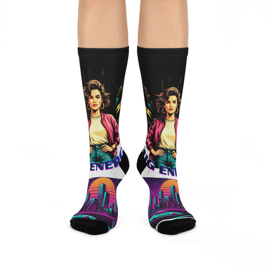 Retro 80s Energy Crew Socks — Neon City Woman Graphic Cushioned Socks