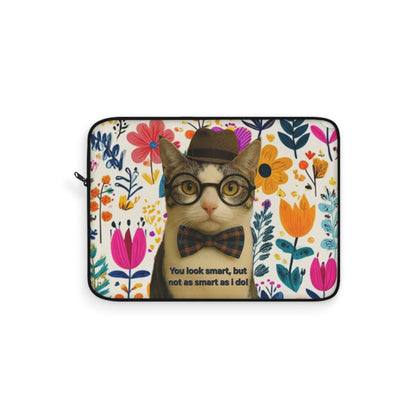 Cute Floral Cat Laptop Sleeve — "You look smart, but not as smart as I do"