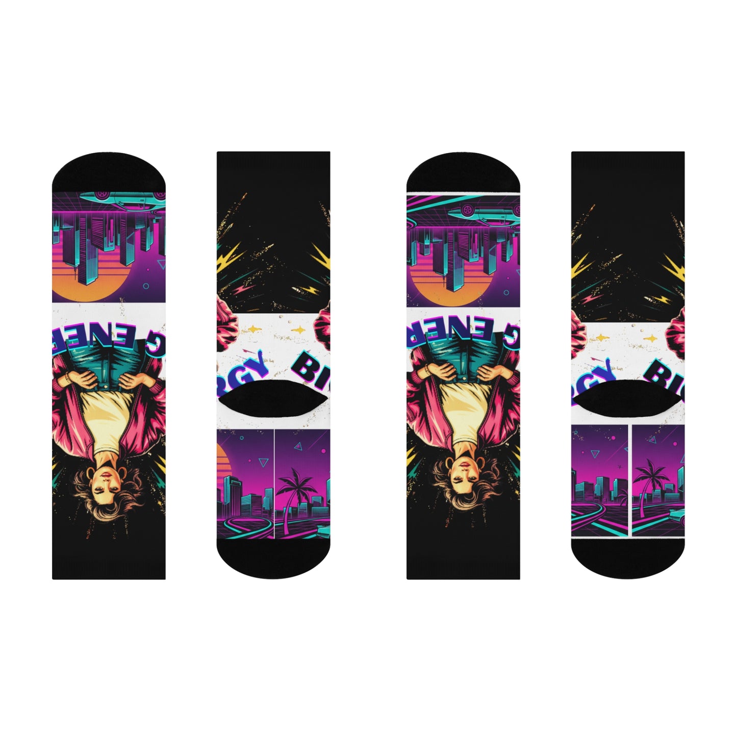 Retro 80s Energy Crew Socks — Neon City Woman Graphic Cushioned Socks