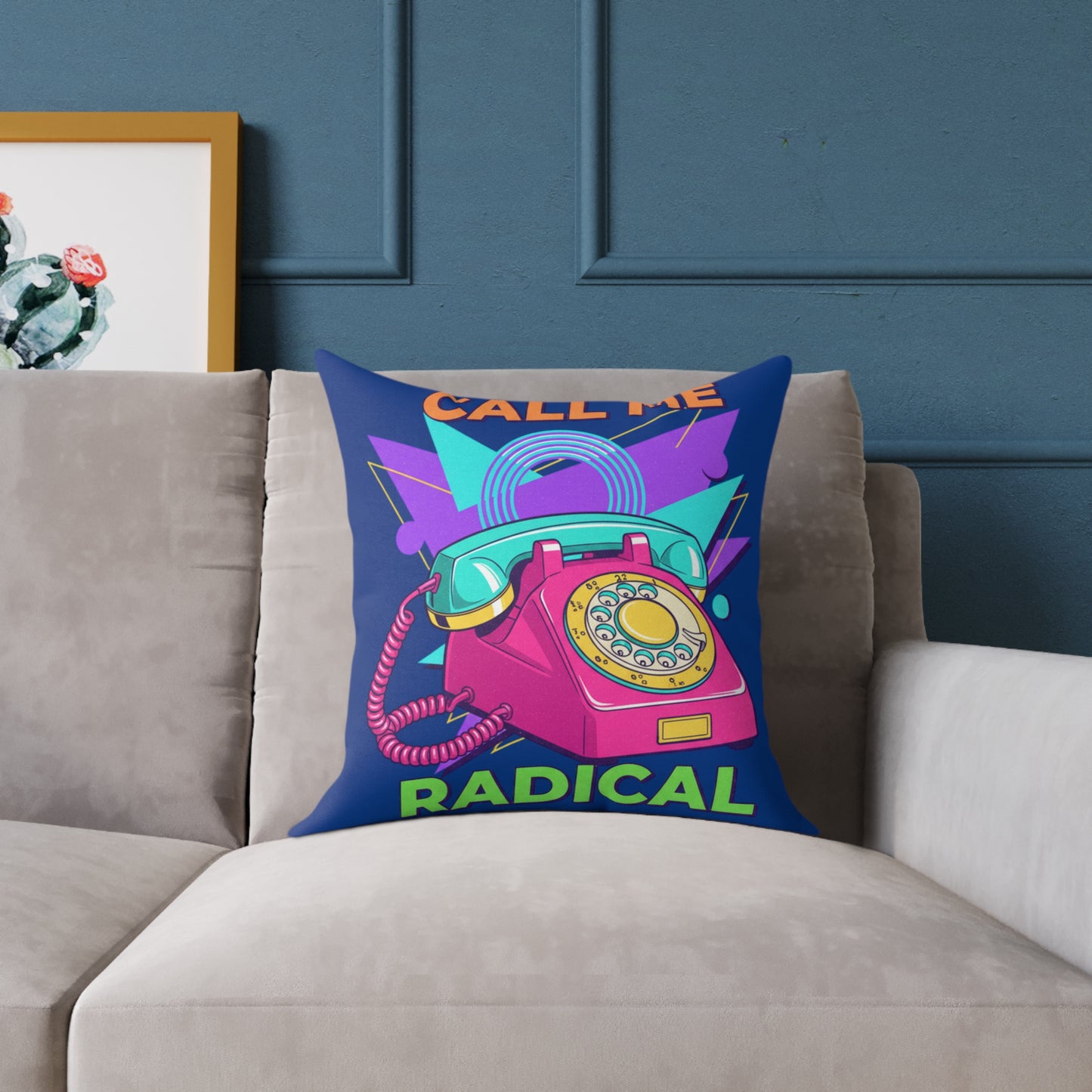 Retro 'Call Me Radical' Phone Square Pillow — 80s Neon Decorative Throw Pillow