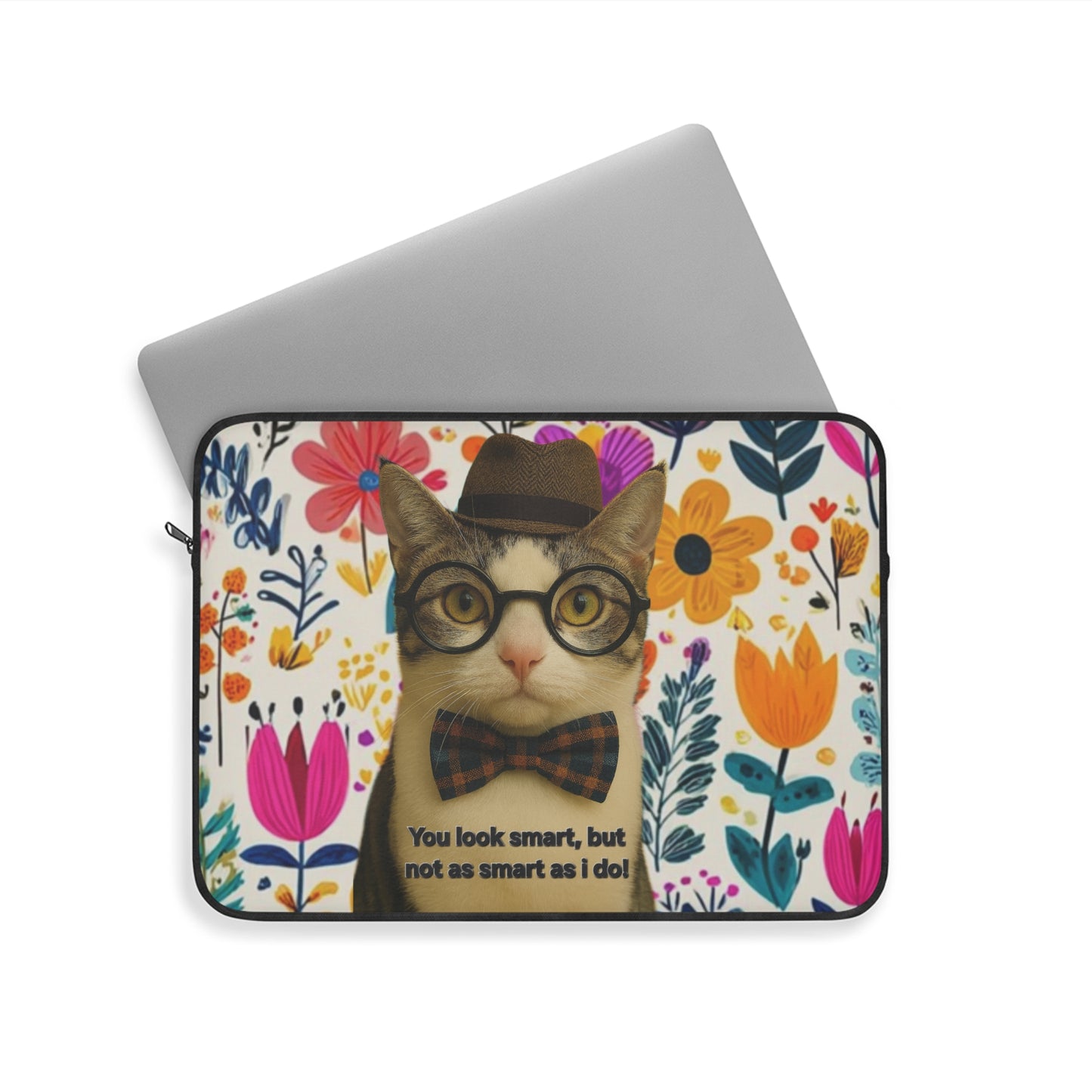 Cute Cat Laptop Sleeve — Floral Nerd Cat with Bow Tie ("You look smart, but not as smart as I do")