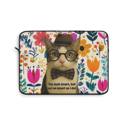 Cute Floral Cat Laptop Sleeve — "You look smart, but not as smart as I do"