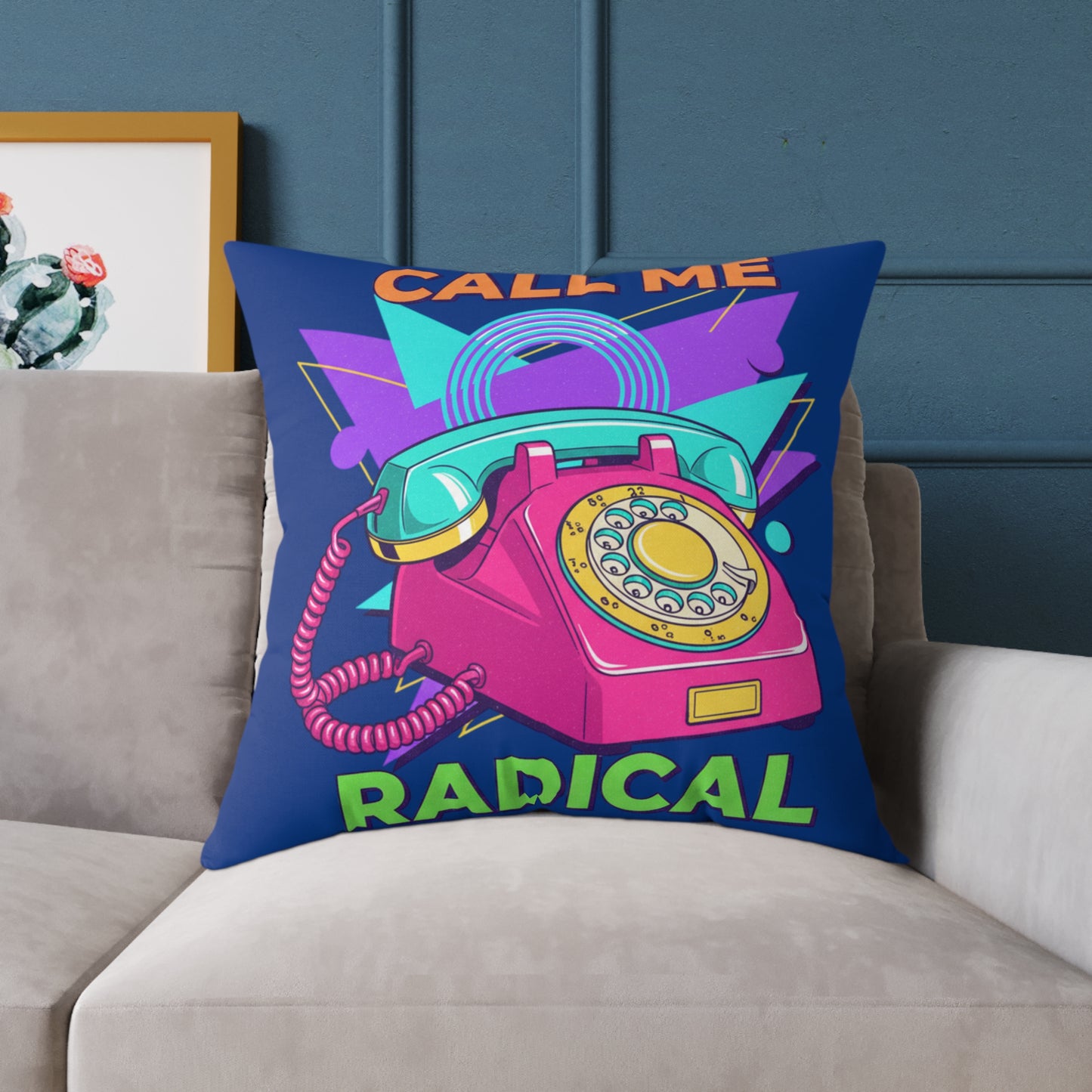Retro 'Call Me Radical' Phone Square Pillow — 80s Neon Decorative Throw Pillow