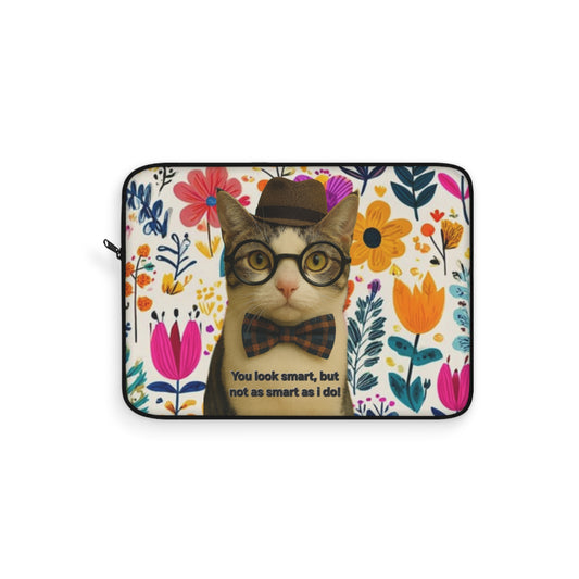Cute Cat Laptop Sleeve — Floral Nerd Cat with Bow Tie ("You look smart, but not as smart as I do")