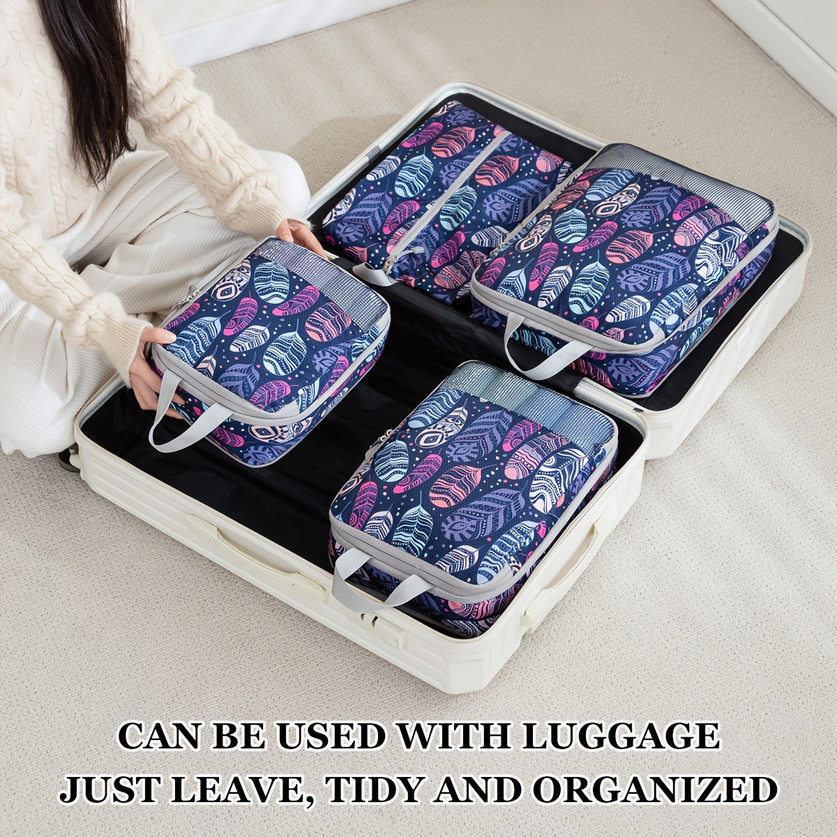 Feather Print Travel Compression Bag Set Organizer