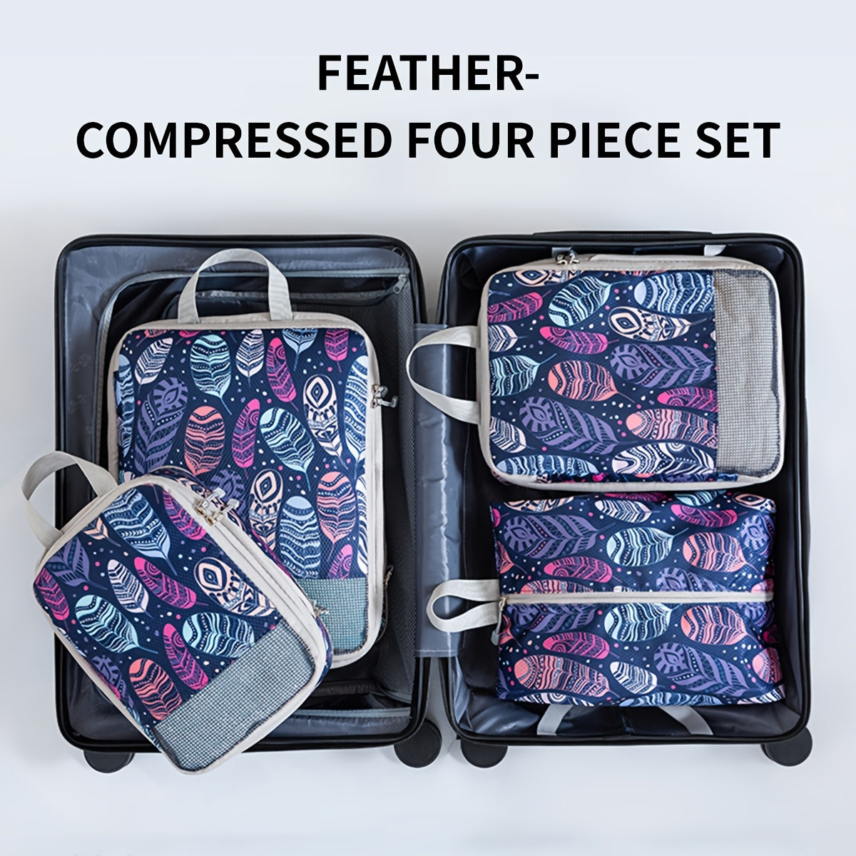 Feather Print Travel Compression Bag Set Organizer