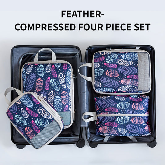 Feather Print Travel Compression Bag Set Organizer