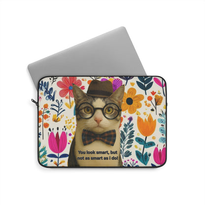 Cute Cat Laptop Sleeve — Floral Nerd Cat with Bow Tie ("You look smart, but not as smart as I do")