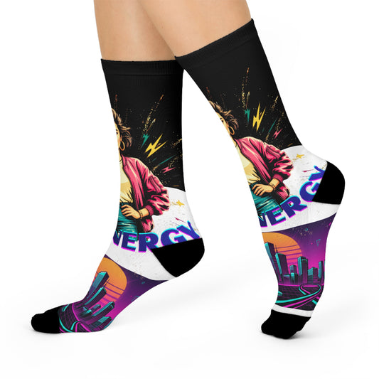 Retro 80s Energy Crew Socks — Neon City Woman Graphic Cushioned Socks