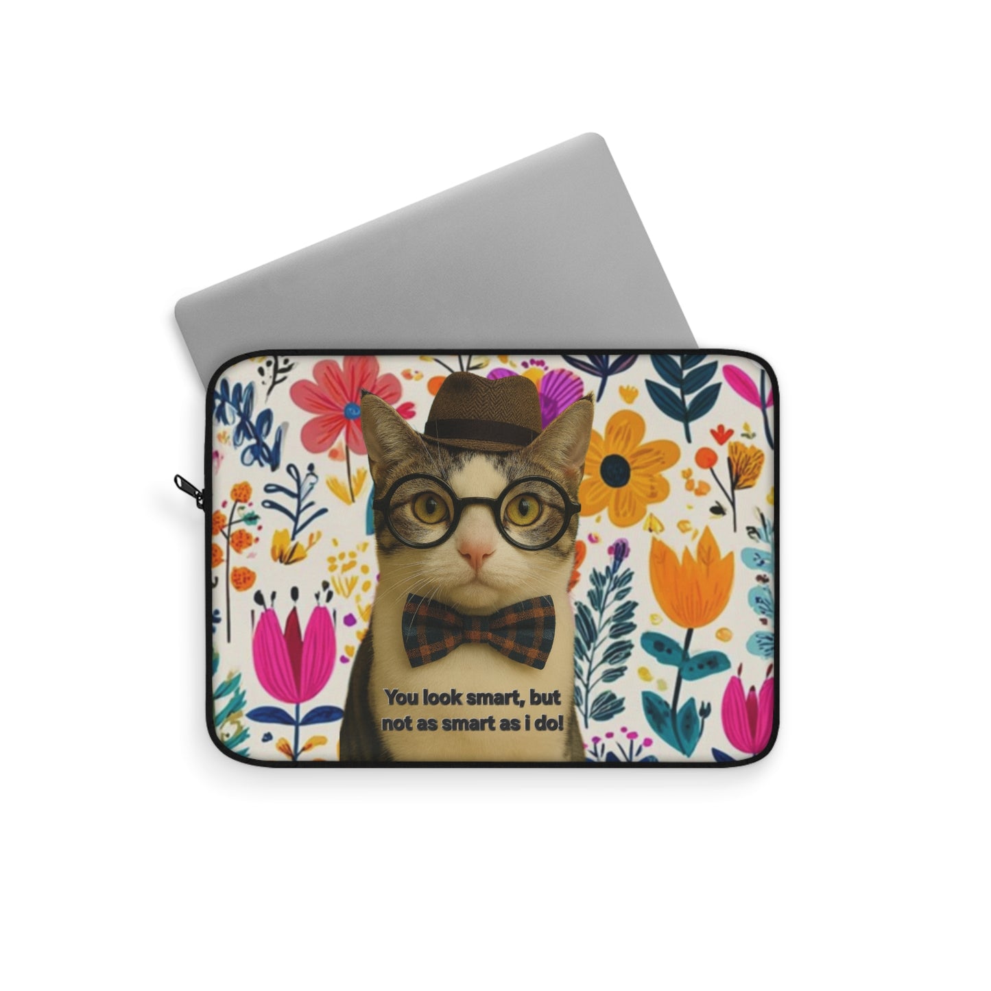 Cute Cat Laptop Sleeve — Floral Nerd Cat with Bow Tie ("You look smart, but not as smart as I do")