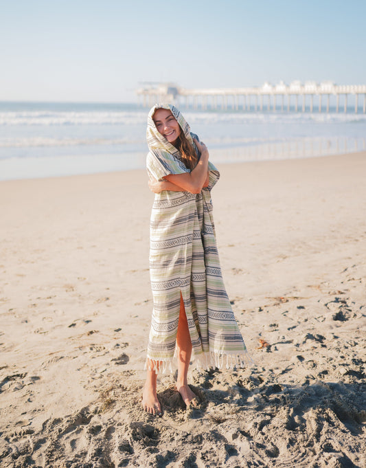 Santa Cruz Cotton Poncho – 100% Turkish Cotton Hooded Beach & Surf Cover-Up (One Size)