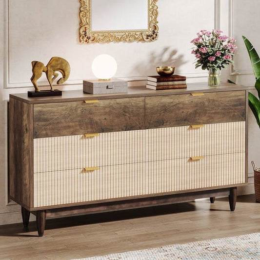 Retro Mid-Century Modern 6 Drawer Dresser Chest of Drawers in Vintage Brown