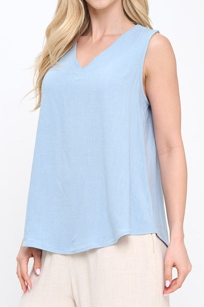 Linen Solid V neck Sleeveless Top