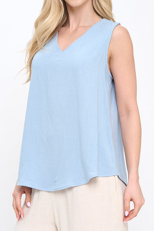 Linen Solid V neck Sleeveless Top
