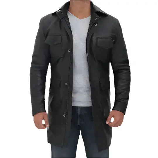 Mens Black Leather Four Pocket Trench Coat