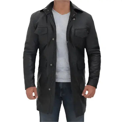 Mens Black Leather Four Pocket Trench Coat